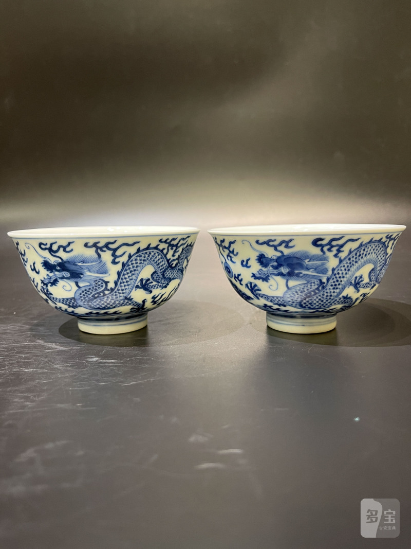 清同治 青花云龙纹茶圆一对 - 图2